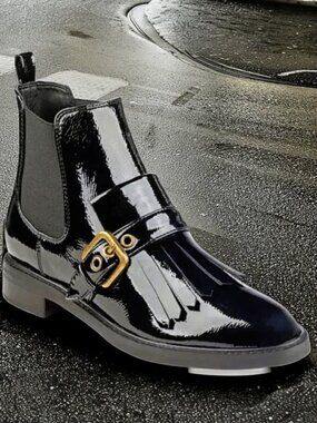 Marc Fisher Brigita Chelsea Kiltie Black Patent Buckle Pull On Boot, Size 7